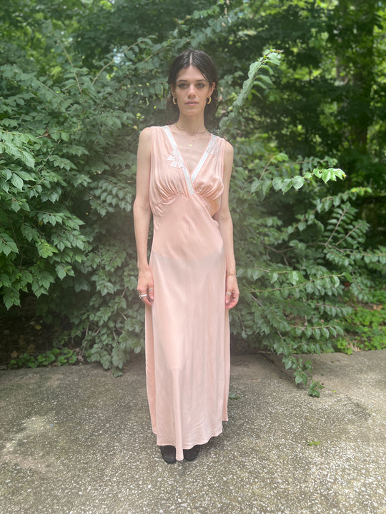 40s Pink Dress Gown with White Embroidered Bows, Barbizon