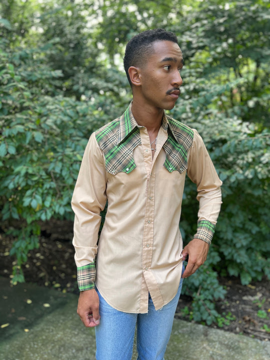 70s Tan Long Sleeve Western Shirt Plaid Yoke, Chute #1
