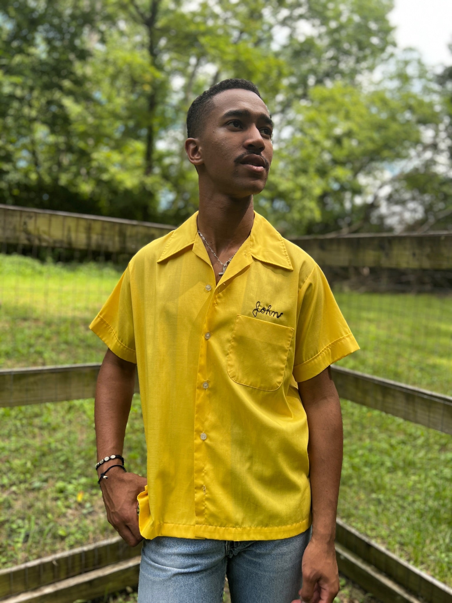 Mens Vintage 70s Yellow Cotton Embroidered Bowling Shirt