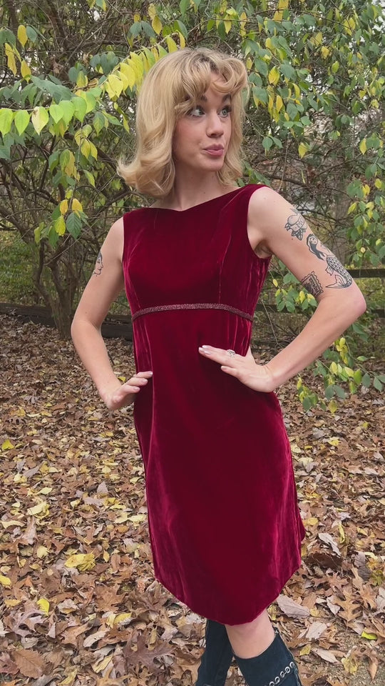 60s Vintage Red Velvet Dress with Beading, Saks Fifth Avenue