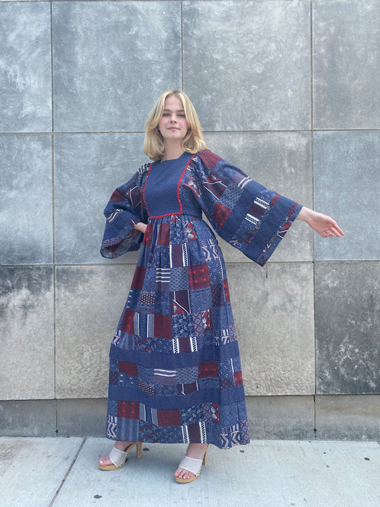 70s Vintage Blue White Red Patchwork Print Maxi Dress, Wide Sleeves