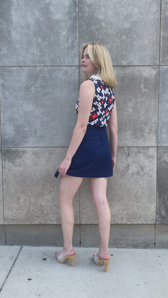 70s Blue White Red Polyester Dress with Hot Pants, Dimension V