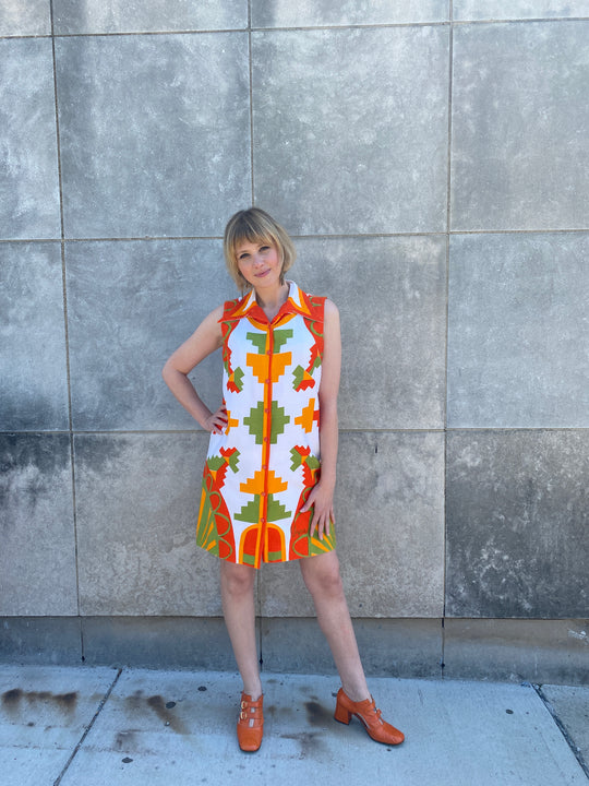 1960s Orange and Green Mini Dress