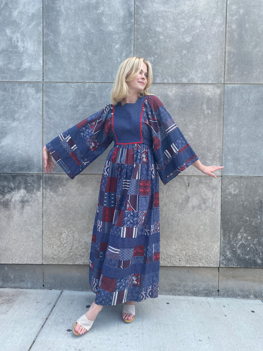 70s Vintage Blue White Red Patchwork Print Maxi Dress, Wide Sleeves