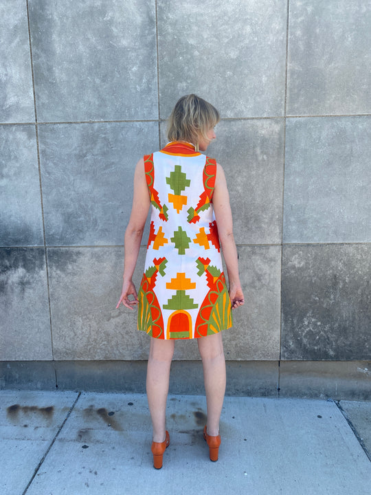 60s Vintage Orange Green Print Cotton Shift Dress, Vera