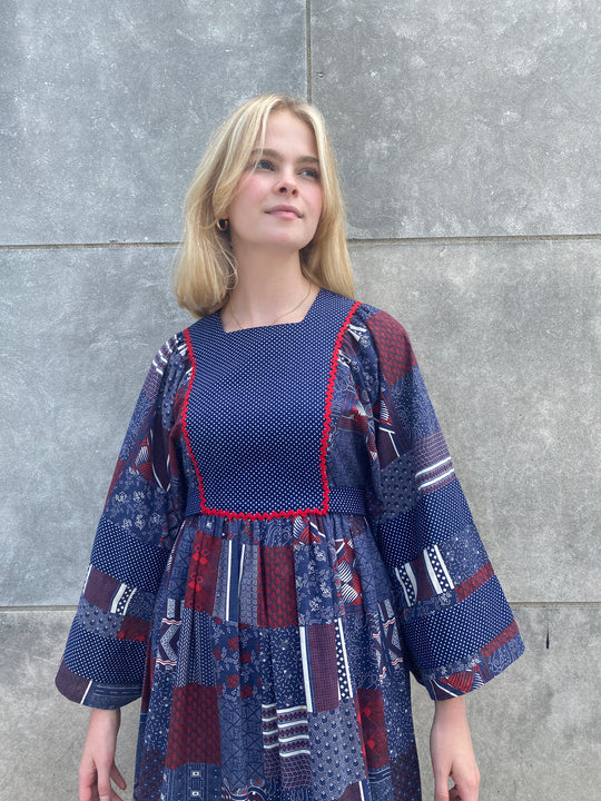 70s Vintage Blue White Red Patchwork Print Maxi Dress, Wide Sleeves