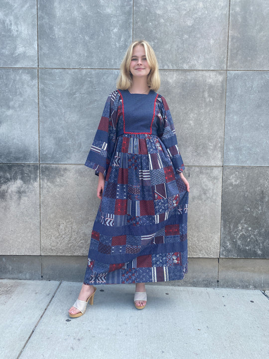 70s Vintage Blue White Red Patchwork Print Maxi Dress, Wide Sleeves
