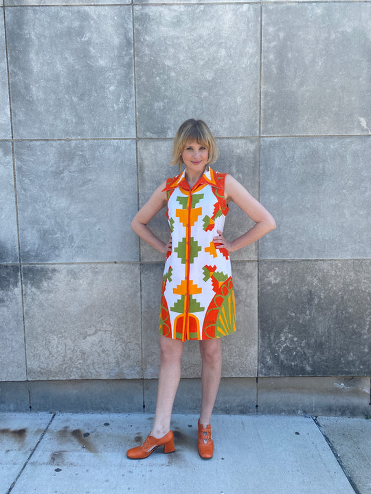 60s Vintage Orange Green Print Cotton Shift Dress, Vera