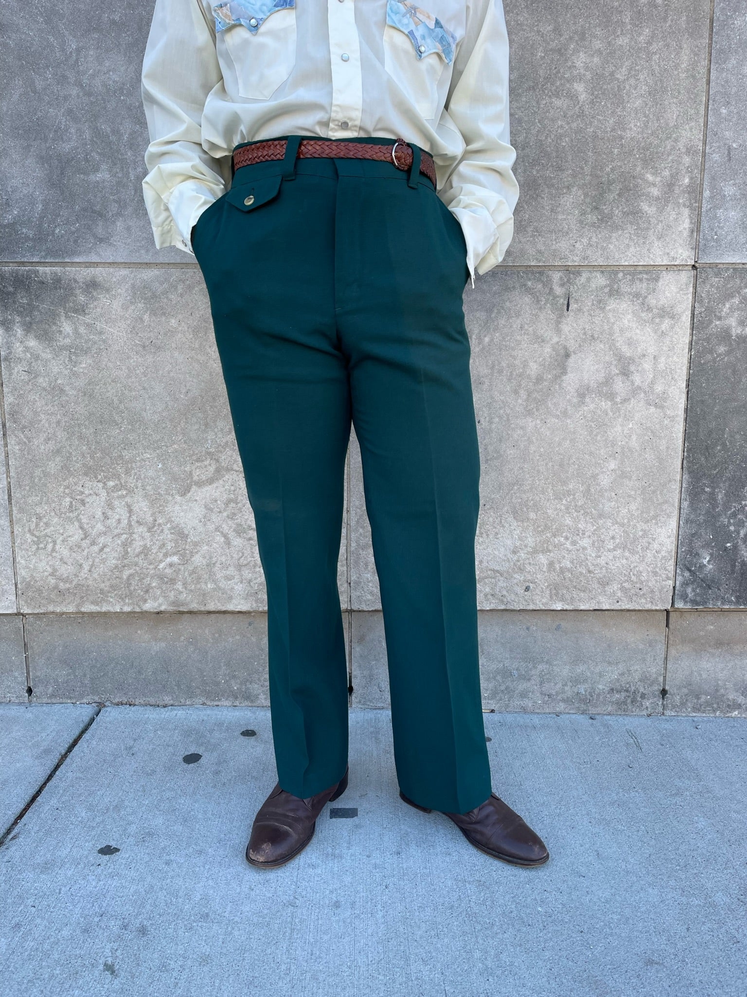 Mens 70s Vintage Green Bell Bottom Polyester Pants, Levis