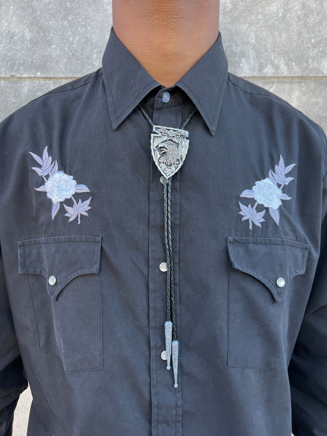 80s Black Leather Bolo Tie, Floral Eagle Crest Slide, Siskiyou Buckle Co