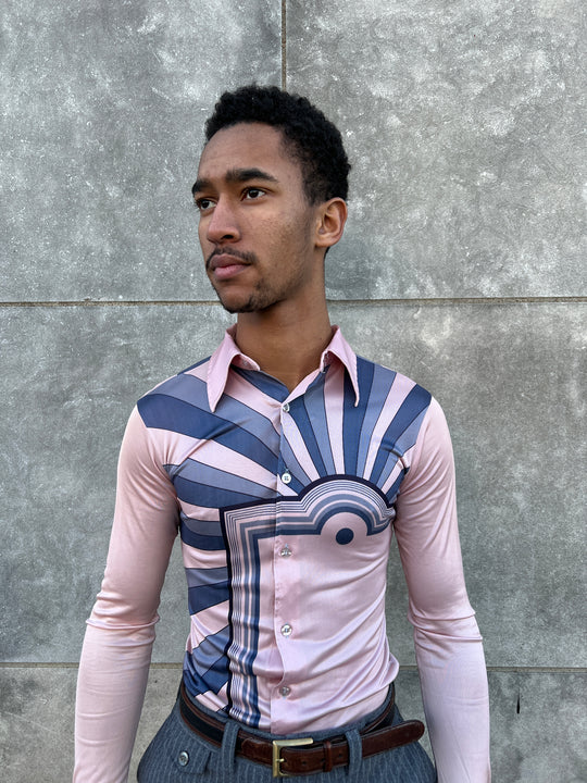 Mens 70s Vintage Pink Blue Nylon Disco Shirt, Bon Homme
