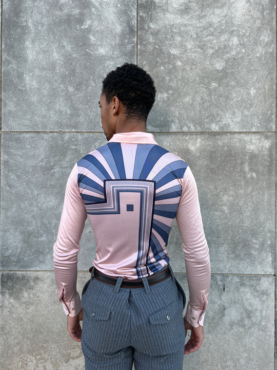 Mens 70s Vintage Pink Blue Nylon Disco Shirt, Bon Homme