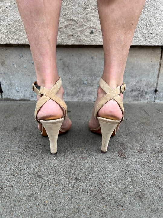 80s Tan Suede Ankle Strap Sandals, Oscar De La Renta