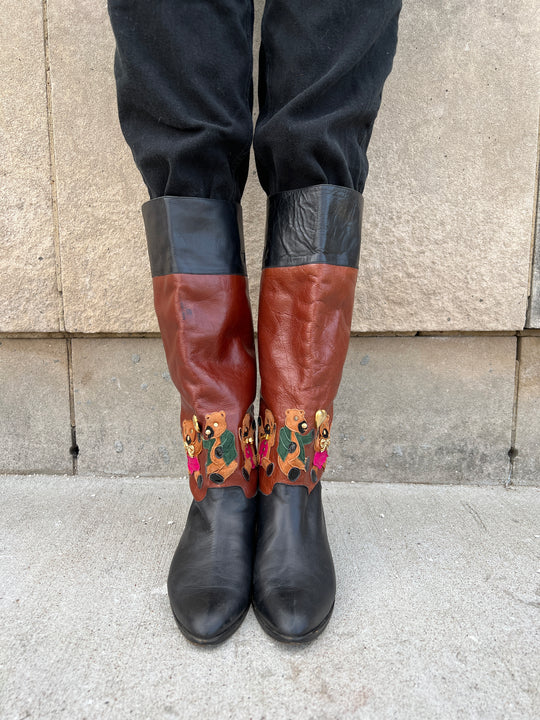 80s Black Leather Boots, Bear Decoration Beverly Feldman Size 8