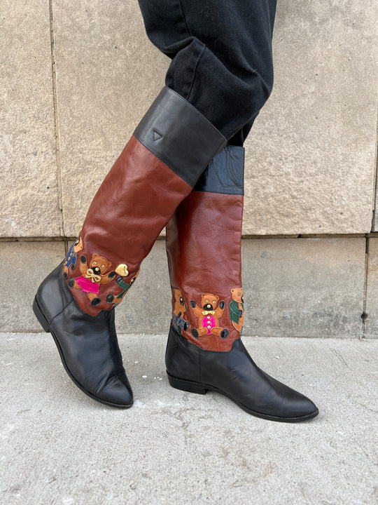 80s Black Leather Boots, Bear Decoration Beverly Feldman Size 8