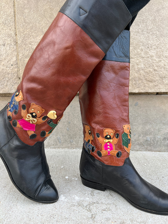 80s Black Leather Boots, Bear Decoration Beverly Feldman Size 8
