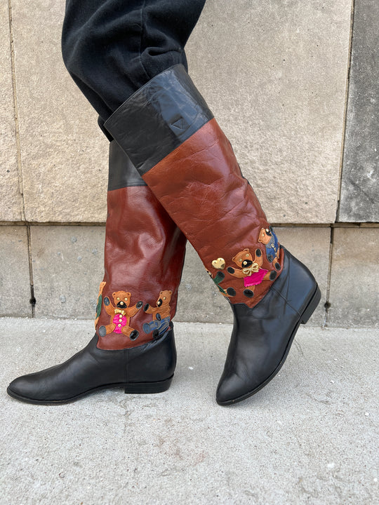 80s Black Leather Boots, Bear Decoration Beverly Feldman Size 8