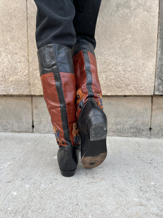 80s Black Leather Boots, Bear Decoration Beverly Feldman Size 8