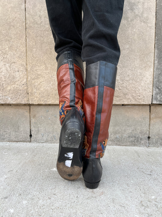 80s Black Leather Boots, Bear Decoration Beverly Feldman Size 8