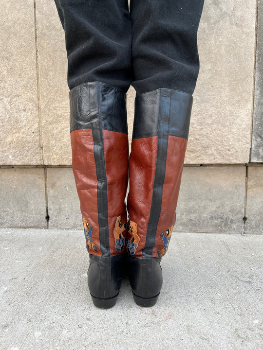 80s Black Leather Boots, Bear Decoration Beverly Feldman Size 8