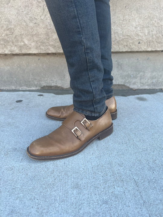 Mens Vintage Brown Italian Leather Dress Shoes, 2 Buckles, Salvatore Ferragamo
