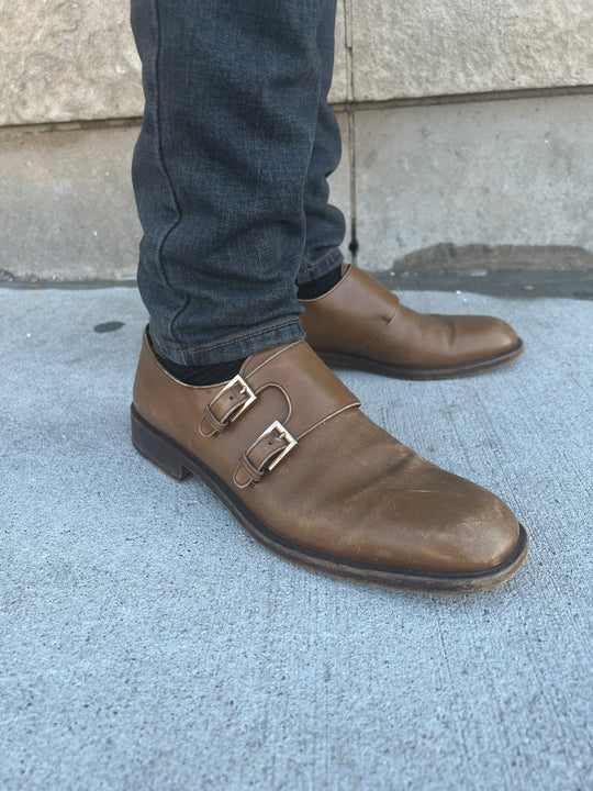 Mens Vintage Brown Italian Leather Dress Shoes, 2 Buckles, Salvatore Ferragamo