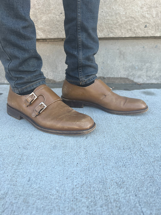 Mens Vintage Brown Italian Leather Dress Shoes, 2 Buckles, Salvatore Ferragamo