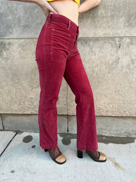 70s Rust Hip Hugger Bell Bottom Jeans, Rooster Patch on Back