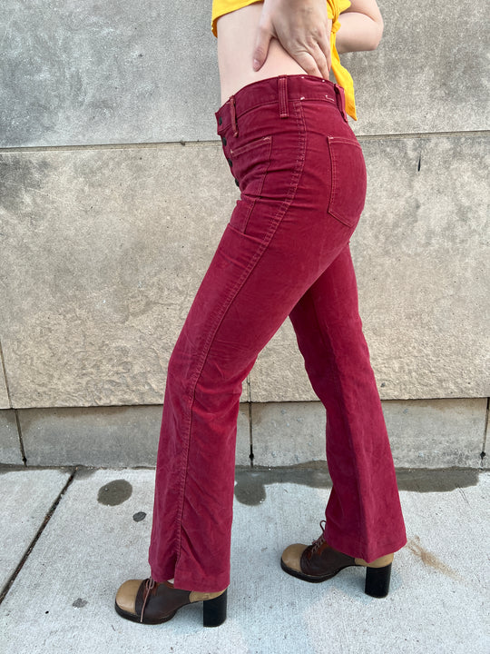 70s Rust Hip Hugger Bell Bottom Jeans, Rooster Patch on Back