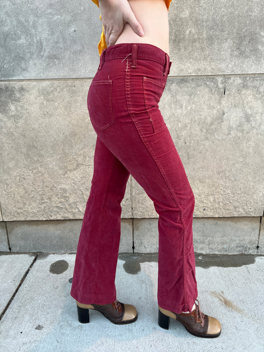 70s Rust Hip Hugger Bell Bottom Jeans, Rooster Patch on Back