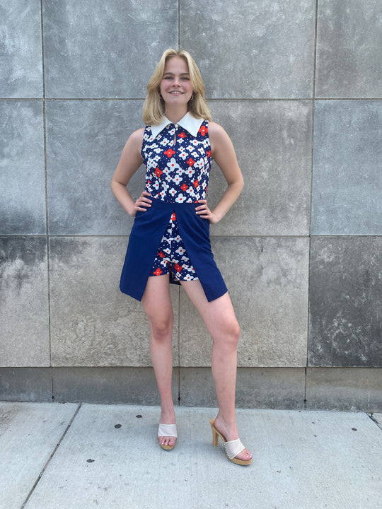 70s Blue White Red Polyester Dress with Hot Pants, Dimension V