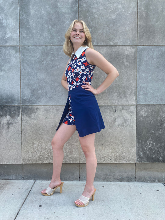 70s Blue White Red Polyester Dress with Hot Pants, Dimension V
