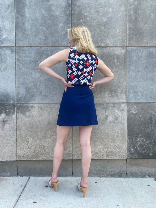 70s Blue White Red Polyester Dress with Hot Pants, Dimension V
