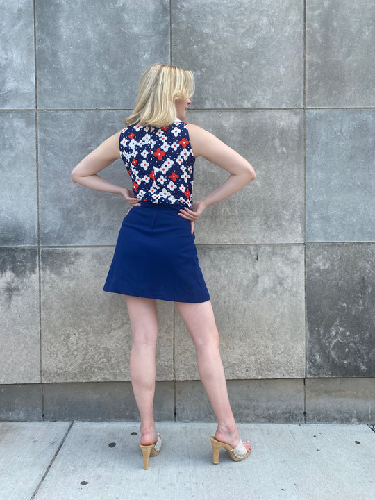70s Blue White Red Polyester Dress with Hot Pants, Dimension V