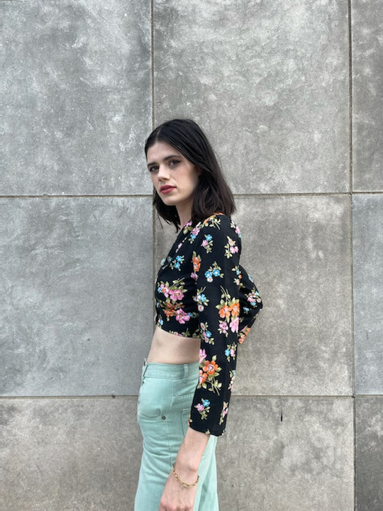 70s Vintage Black Floral Cropped Top, Sportset
