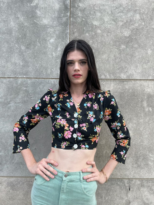 70s Vintage Black Floral Cropped Top, Sportset