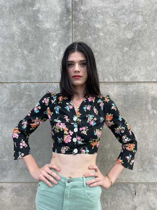 70s Vintage Black Floral Cropped Top, Sportset