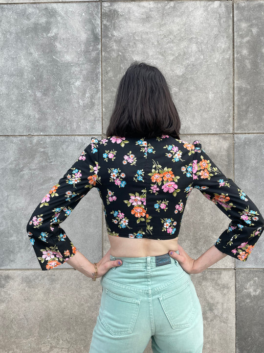70s Vintage Black Floral Cropped Top, Sportset