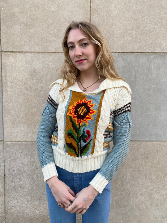 70s Creme Blue Sweater with Sunflowers, Vicki Volts
