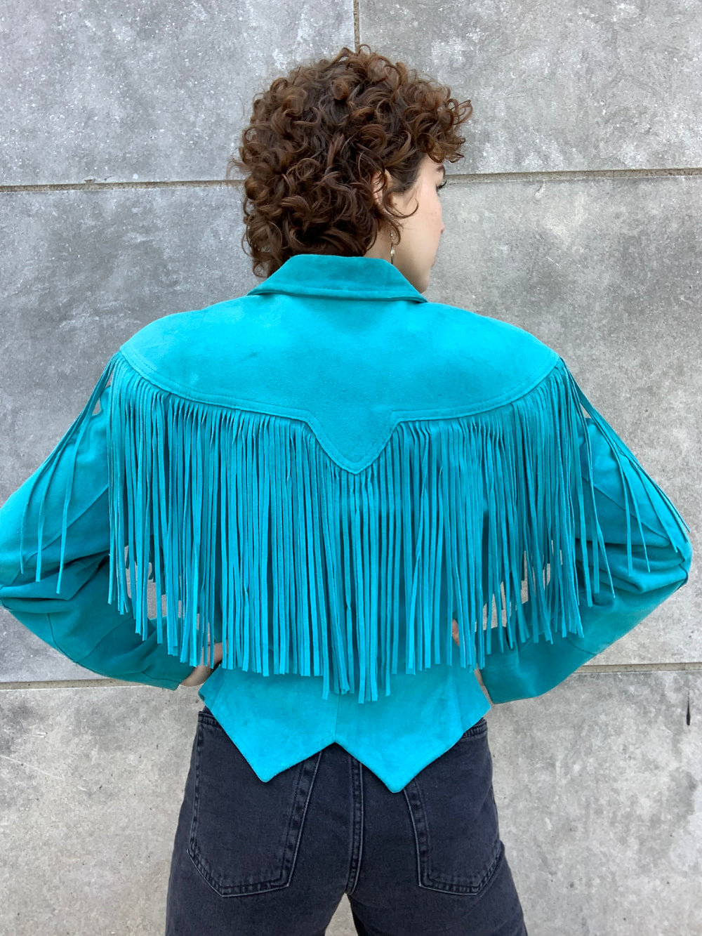 80s Turquoise Suede Cropped Western Jacket with Fringe, Pioneer Wear