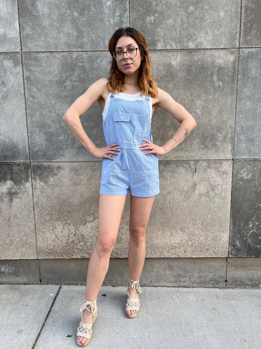 70s Vintage Blue Pinstriped Cotton Romper