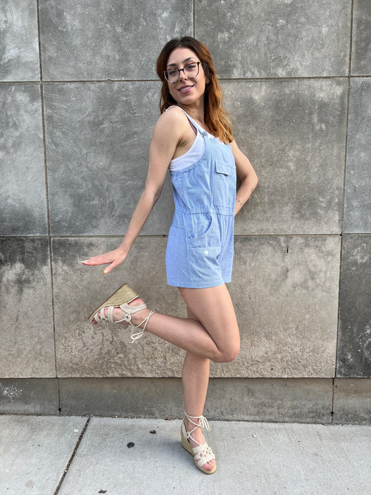 70s Vintage Blue Pinstriped Cotton Romper