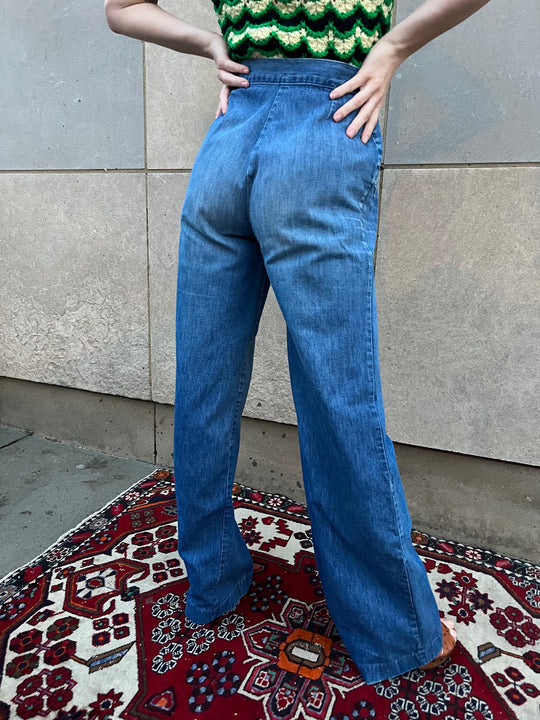 70s Vintage Wide Leg Bell Bottom Denim Jeans, h.i.s.