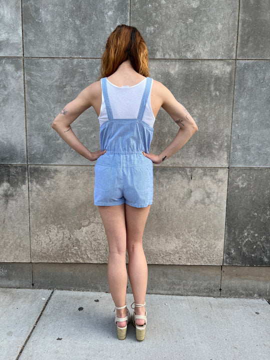 70s Vintage Blue Pinstriped Cotton Romper
