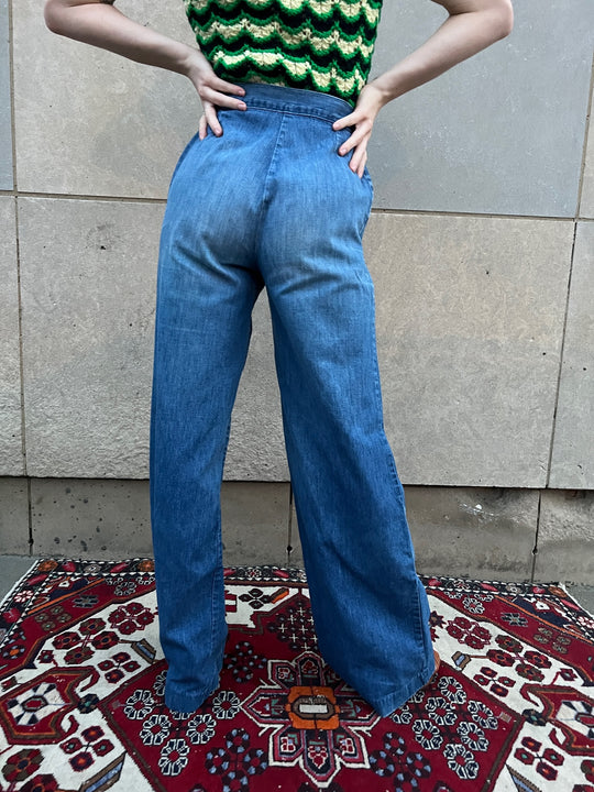 70s Vintage Wide Leg Bell Bottom Denim Jeans, h.i.s.