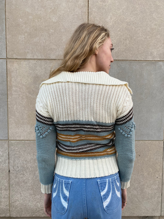 70s Creme Blue Sweater with Sunflowers, Vicki Volts