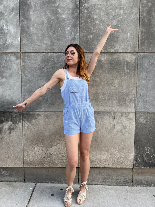 70s Vintage Blue Pinstriped Cotton Romper