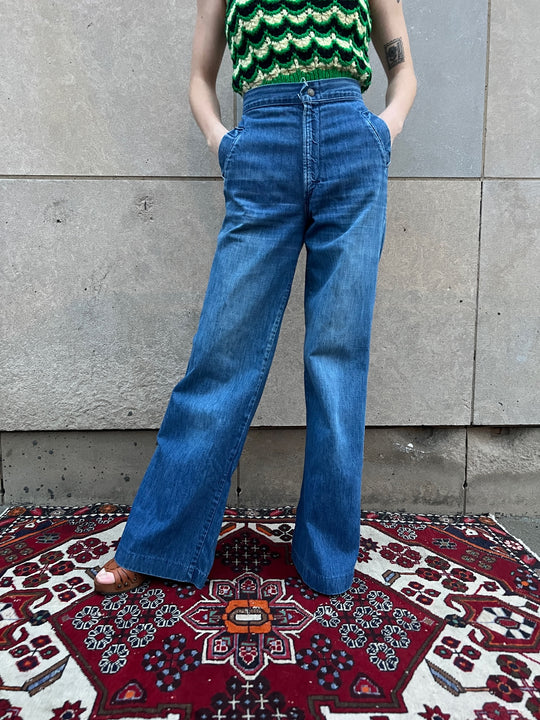 70s Vintage Wide Leg Bell Bottom Denim Jeans, h.i.s.