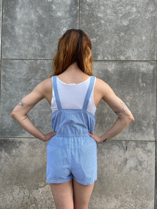 70s Vintage Blue Pinstriped Cotton Romper