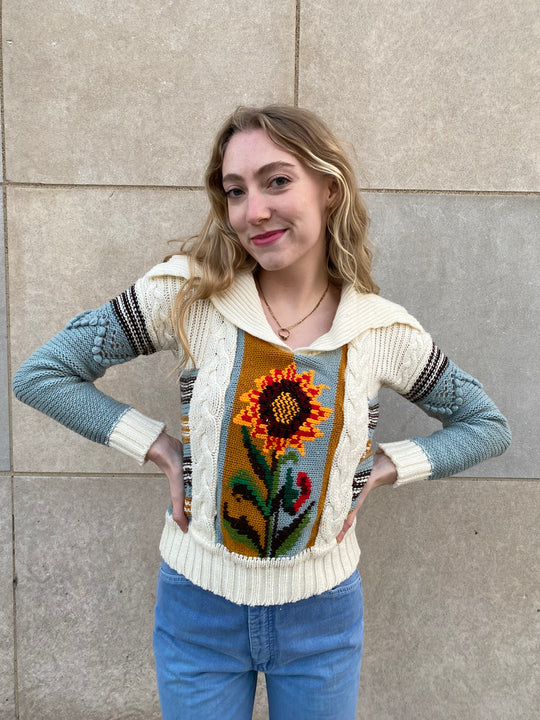 70s Creme Blue Sweater with Sunflowers, Vicki Volts